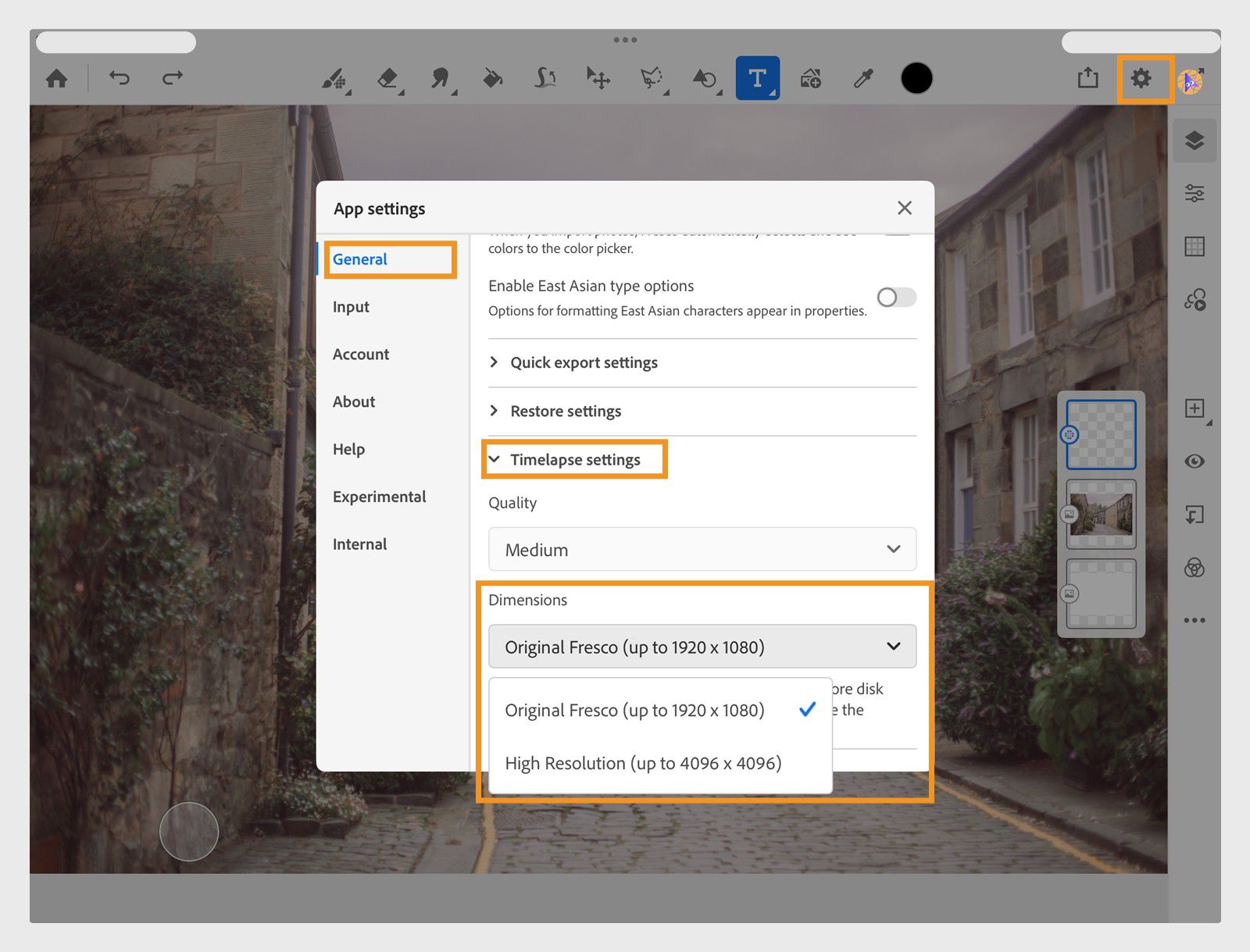 App Settings open to Timelapse settings, showing quality options and dimension choices up to high resolution