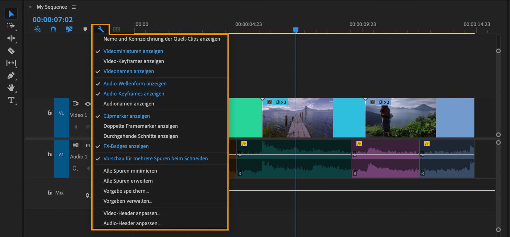 Anzeigeeinstellungen für das Schnittfenster