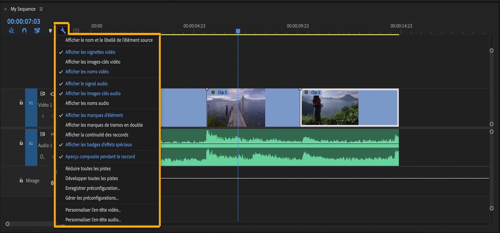 Paramètres d’affichage du montage