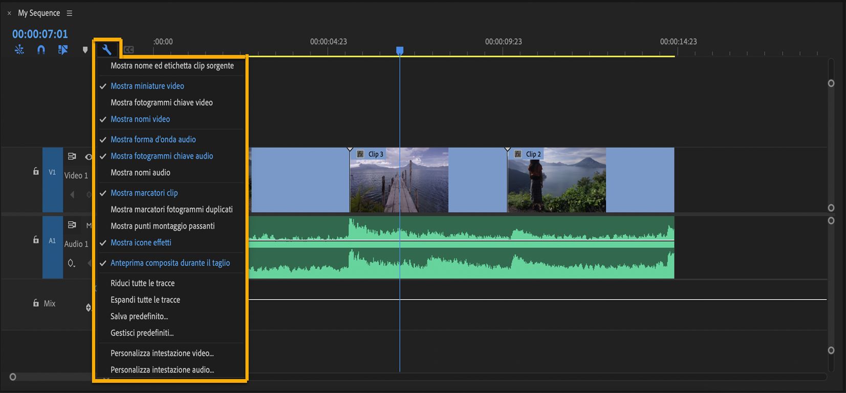 Impostazioni visualizzazione timeline