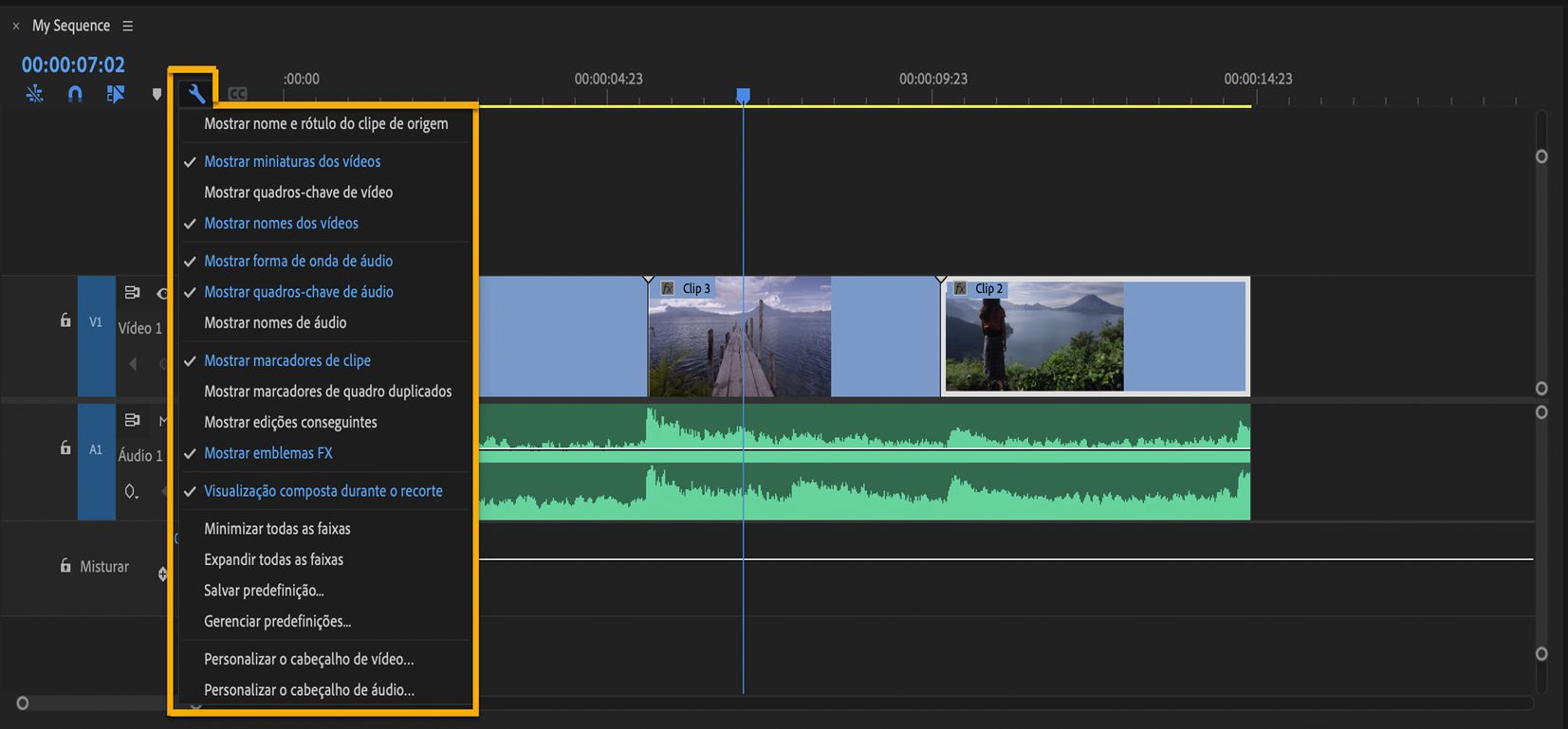 Configurações de exibição da Linha de tempo