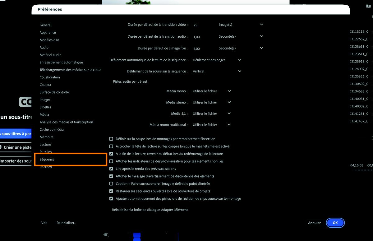 Le panneau Montage dans la boîte de dialogue Préférences est ouvert avec des options pour personnaliser le comportement et l’affichage des séquences, notamment les paramètres de magnétisme du montage, les pistes audio et vidéo et les durées par défaut des transitions et des images fixes.