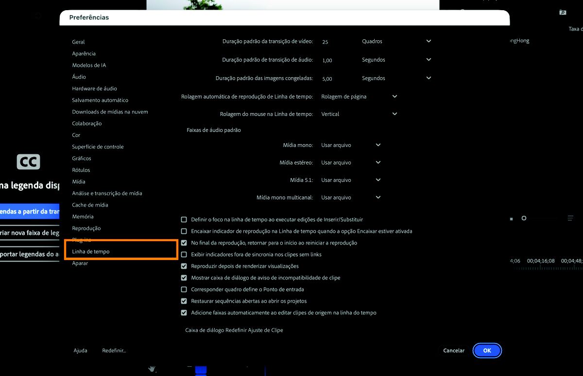 O painel “Linha do tempo” aberto na caixa de diálogo “Preferências”, com opções para personalizar como as sequências se comportam e são exibidas, incluindo configurações de ajuste à linha do tempo, faixas de áudio e vídeo e durações padrão para transições e imagens estáticas.