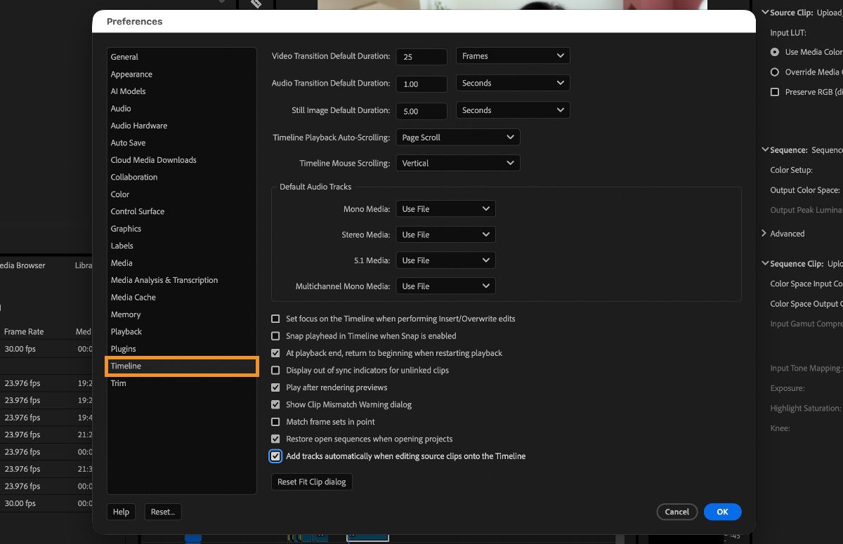 The Timeline panel in the Preference dialog box is open with options to customize how sequences behave and appear, including settings for timeline snapping, audio and video tracks, and default durations for transitions and still images.