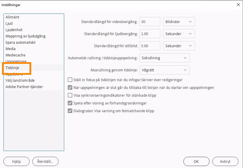 Ange inställningar för tidslinjen