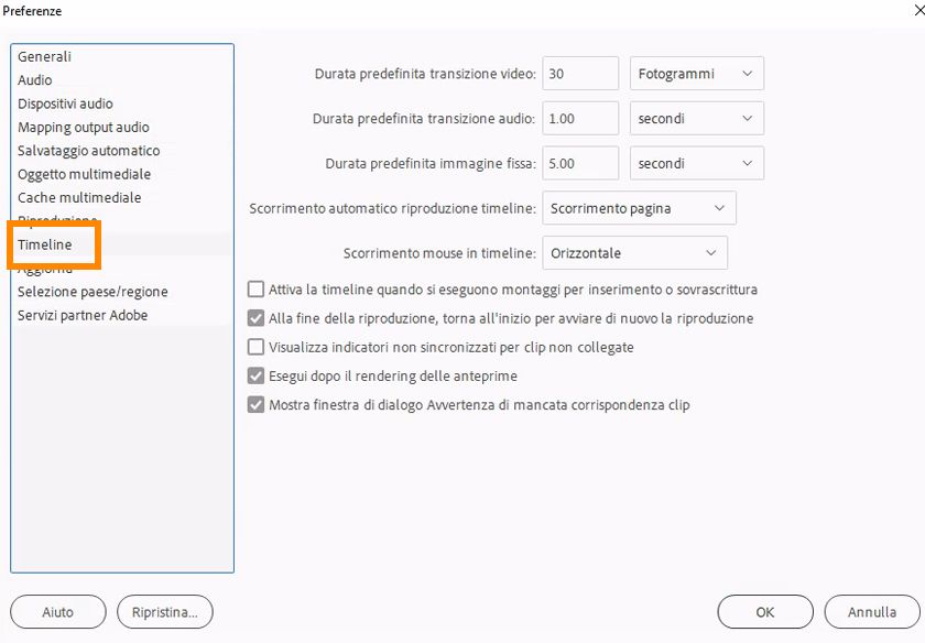 Impostare le preferenze della timeline