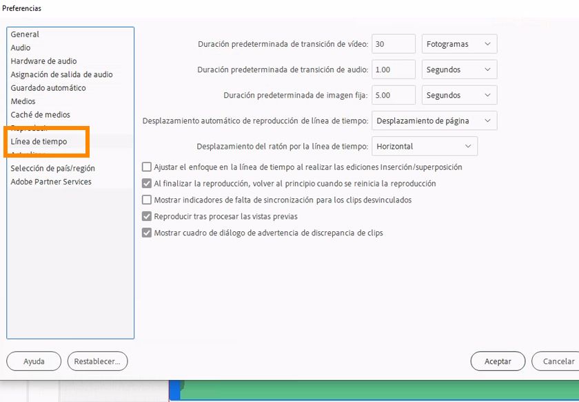 Ajuste de las preferencias de línea de tiempo