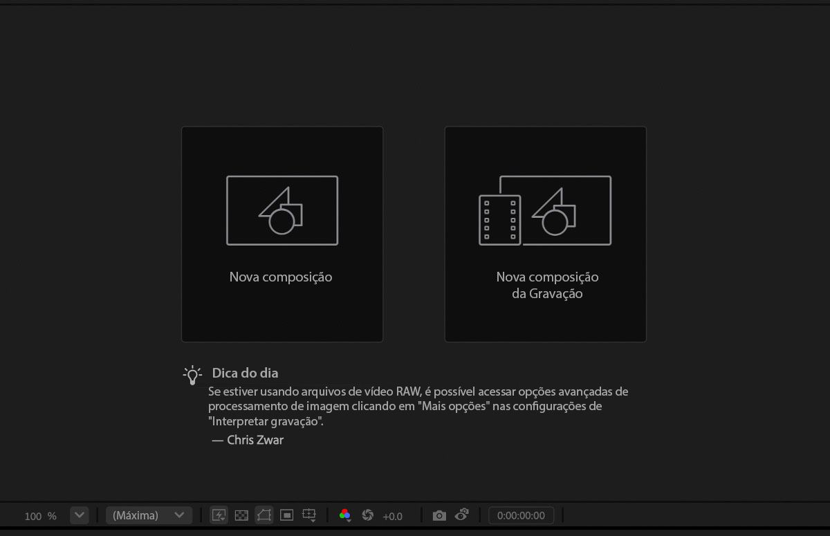 O painel de composição está aberto e vazio.Ele tem uma dica do dia.