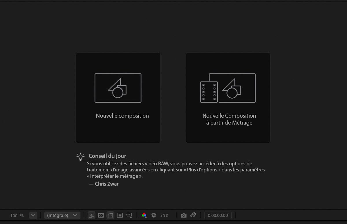 Le panneau de composition est ouvert et vide.Il contient un conseil du jour.