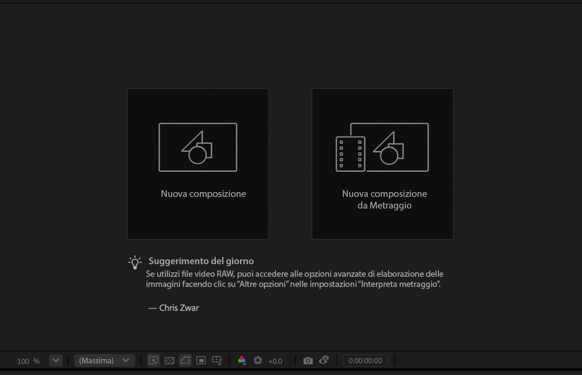 Il pannello della composizione è aperto e vuoto.Ha un suggerimento del giorno.