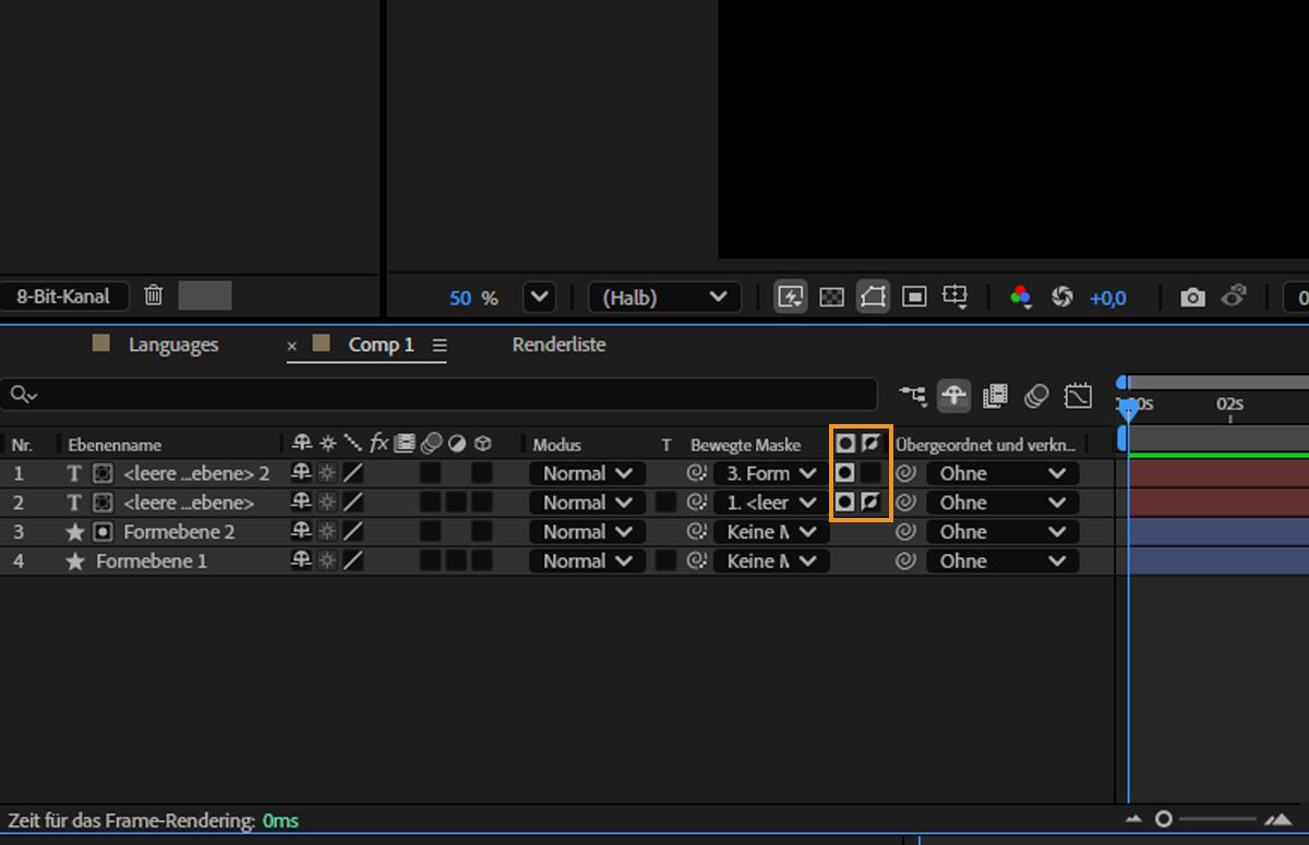 Umschalter Alpha/Luma und Umschalter Nicht-Invertiert/Invertiert für die Spurmaske.