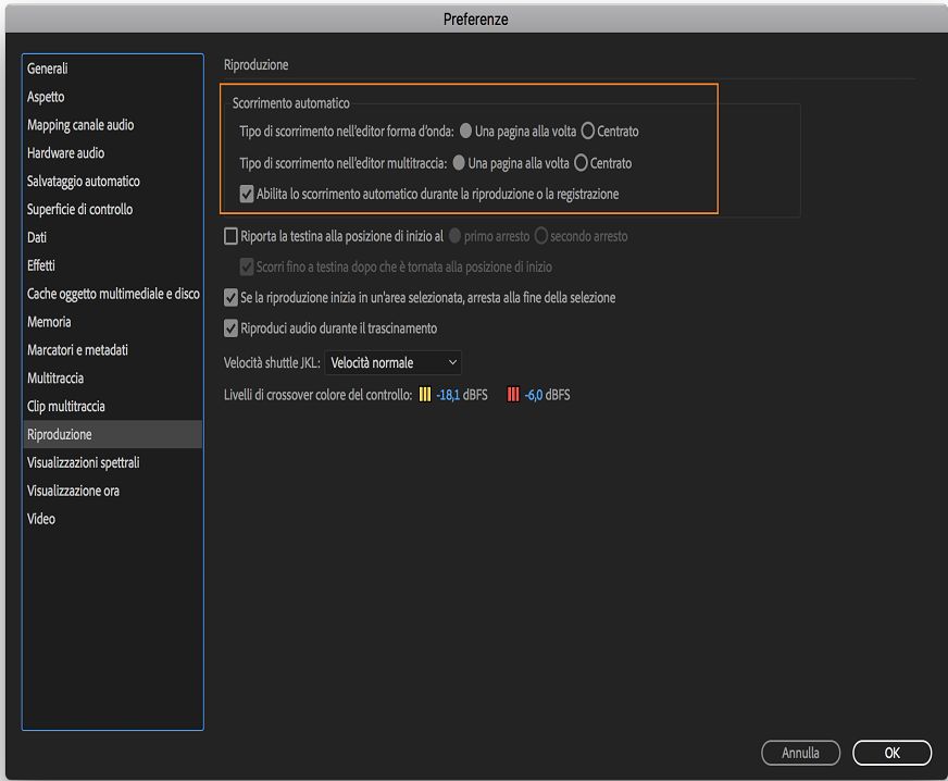 Scorrimento automatico nelle preferenze di riproduzione
