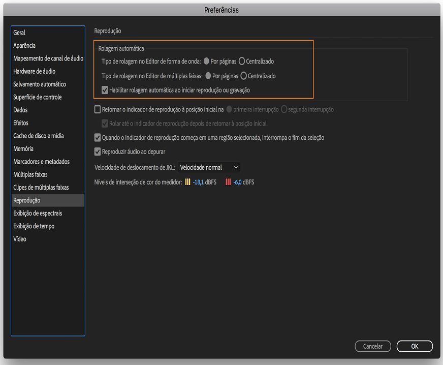 Rolagem automática em preferências de reprodução