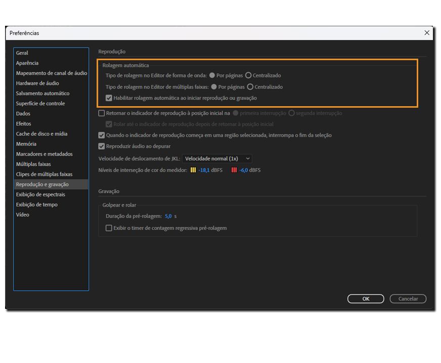 Rolagem automática em preferências de reprodução