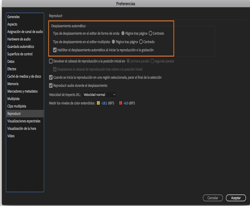 Desplazamiento automático según las preferencias de reproducción
