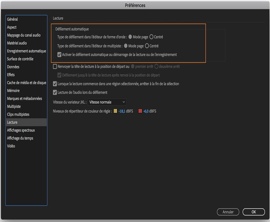 Défilement automatique sous les préférences de lecture