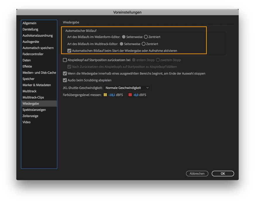 Automatischer Bildlauf in den Voreinstellungen für die Wiedergabe