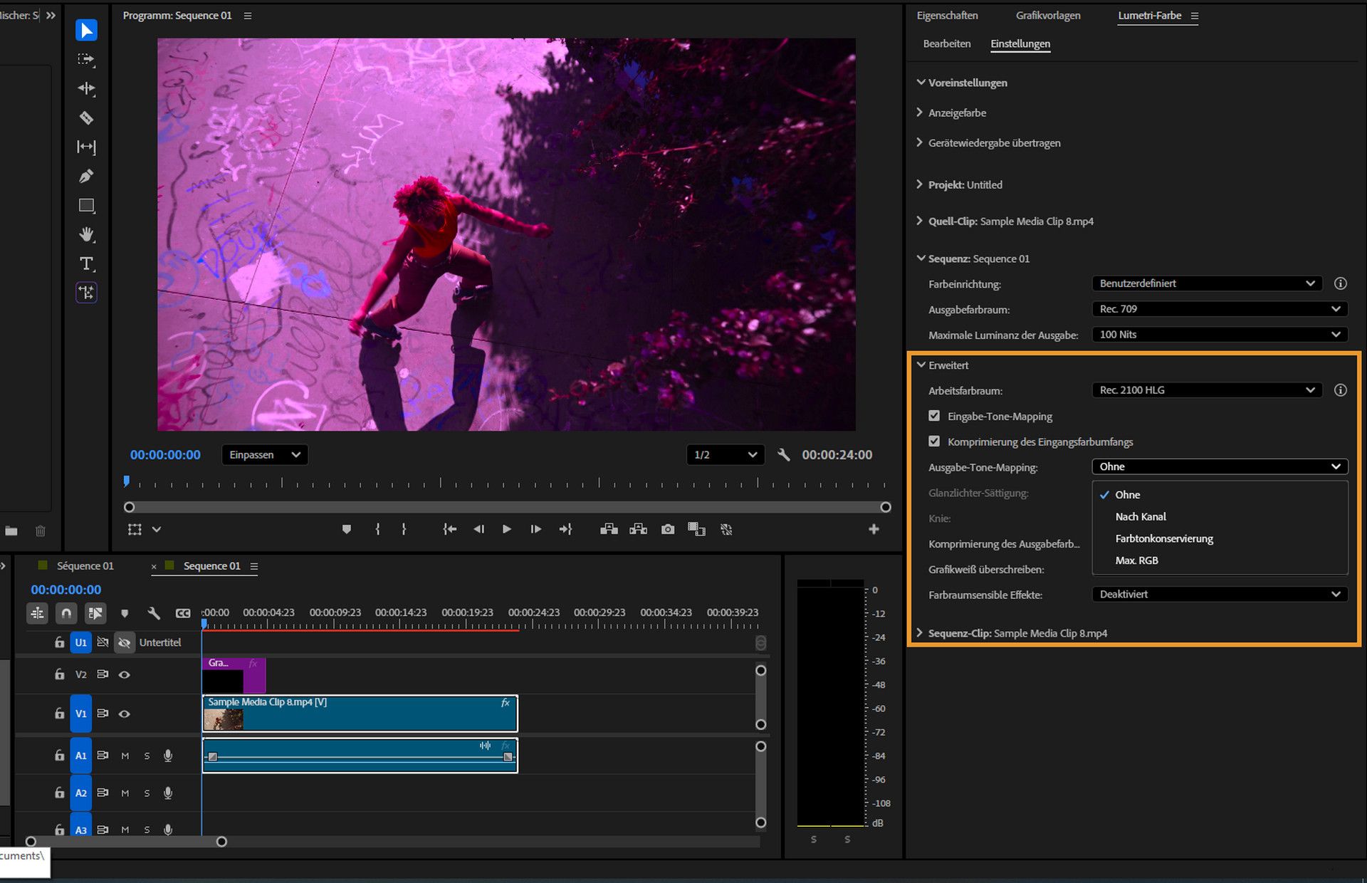 Premiere Pro-Oberfläche mit dem Bedienfeld „Lumetri-Farbe“ und erweiterten Farbeinstellungen.Das Dropdown-Menü für Ausgabe-Tone-Mapping ist geöffnet und zeigt Optionen wie „Keine“, „Nach Kanal“, „Farbtonkonservierung“ und „Max RGB“.