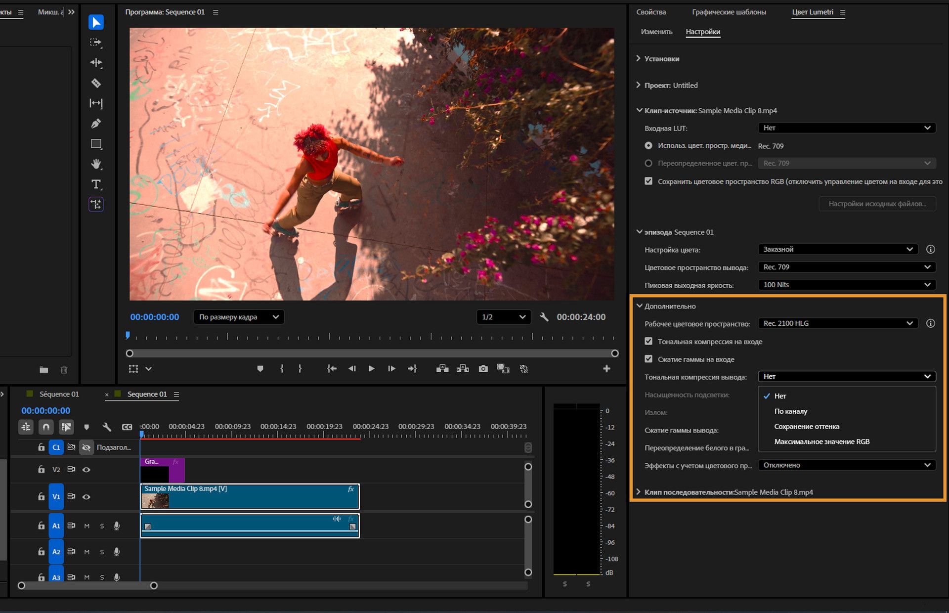 Интерфейс Premiere, показывающий панель"Цвет Lumetri" с развернутыми расширенными настройками цветов.Открыто выпадающее меню «Отображение выходного тона», в котором отображаются такие параметры, как «Нет», «По каналам», «Сохранение оттенка» и «Максимальный RGB».