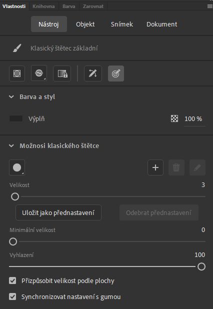 Karta Nástroj v inspektoru vlastností
