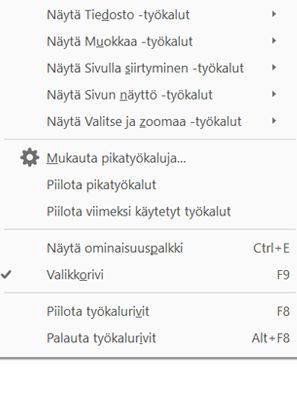 Valitse työkalut, joiden haluat näkyvän
