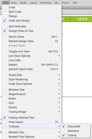 Menú Barras de herramientas que muestra las opciones del panel Estándar, Documento y Código