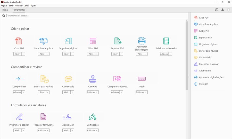 Centro de ferramentas no Acrobat