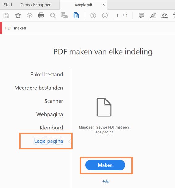 Een leeg PDF-bestand maken met Tools > PDF maken