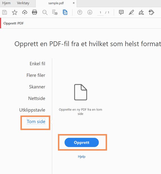Opprett en tom PDF-fil fra Verktøy > Opprett PDF