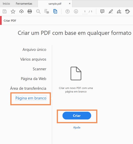 Criar um PDF em branco a partir de Ferramentas > Criar PDF