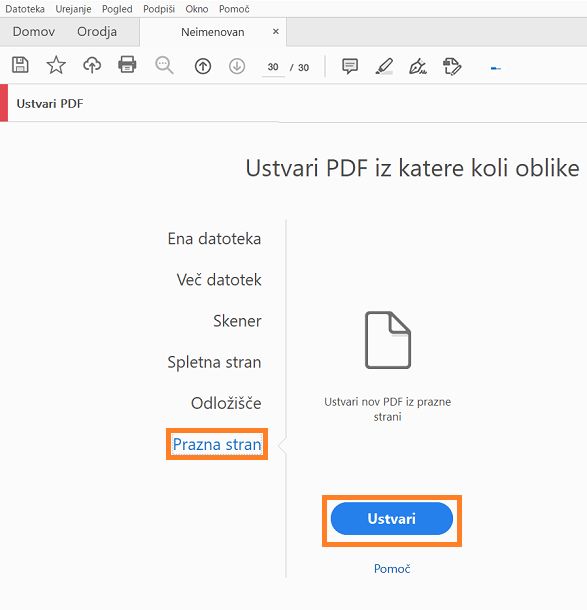 Ustvarite PDF s prazno stranjo v meniju Orodja > Ustvari PDF
