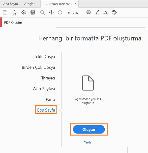 Araçlar > PDF Oluştur seçeneğinden boş PDF oluşturma