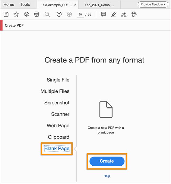 إنشاء ملف PDF فارغ من Tools >‏ Create PDF