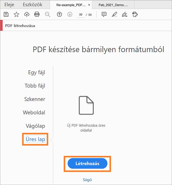 Hozzon létre egy üres PDF-dokumentumot az Eszközök > PDF létrehozása lehetőségnél.