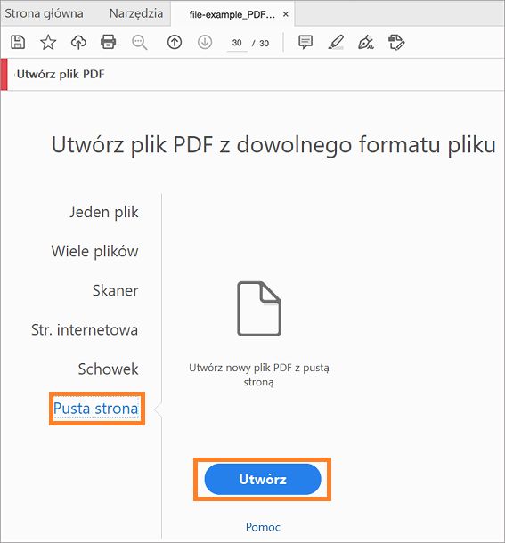 Tworzenie pustego pliku PDF z menu Narzędzia > Utwórz plik PDF