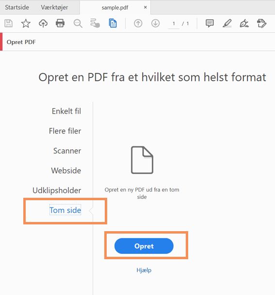 Opret en tom PDF fra Værktøjer > Opret PDF