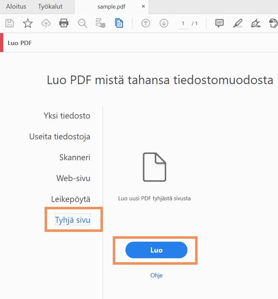 Luo tyhjä PDF valitsemalla Työkalut > Luo PDF