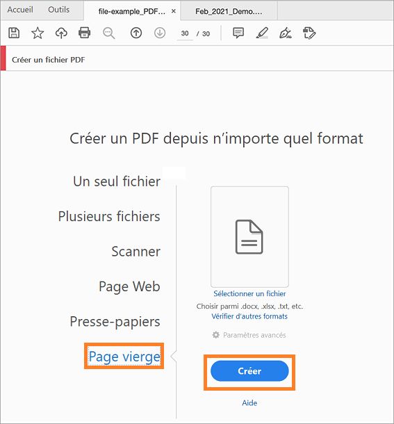 Création d’une page PDF vierge depuis Outils > Créer un PDF