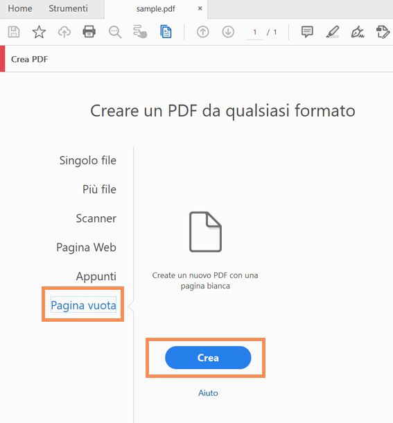 Creare un PDF vuoto da Strumenti > Crea PDF