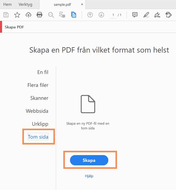 Skapa ett tomt PDF-dokument från Verktyg > Skapa PDF