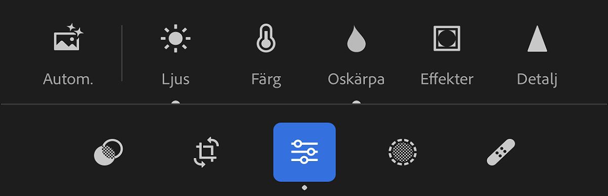 Verktygsfält i Lightroom för mobila enheter med verktyg som Redigera, Förinställningar med flera.