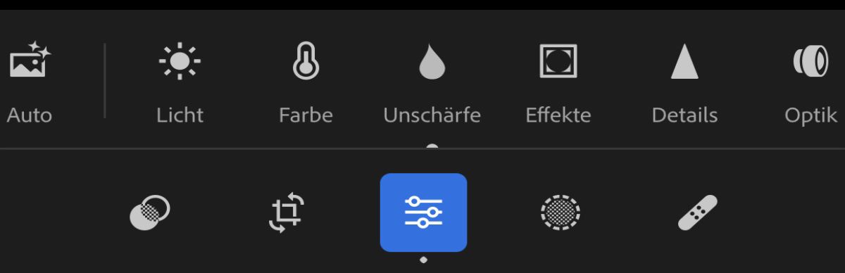 Symbolleiste in Lightroom Mobile mit Werkzeugen wie „Bearbeiten“ und „Preset“.