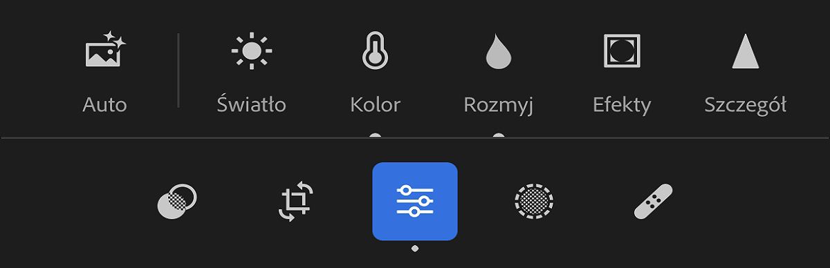 Pasek narzędzi w aplikacji mobilnej Lightroom zawierający narzędzia, takie jak Edycja, Ustawienie predefiniowane i inne.