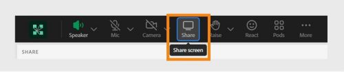 Adobe Connect のメインメニューバーでハイライト表示された共有ボタン