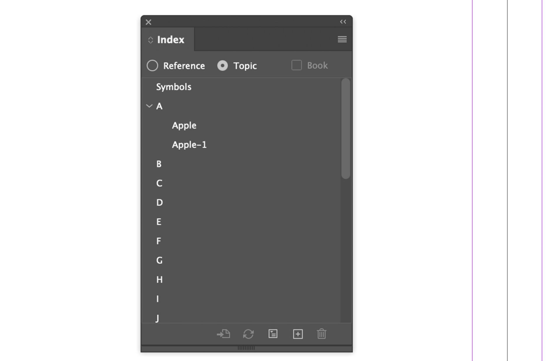 مربع حوار يعرض وضع Topic في لوحة Index