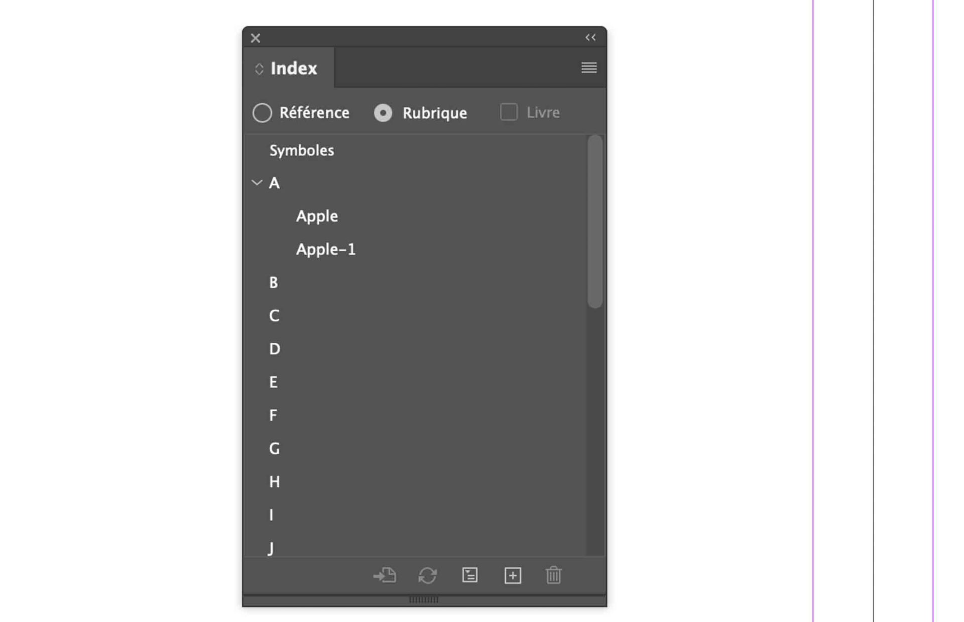 Boîte de dialogue affichant le mode Rubrique dans le panneau Index