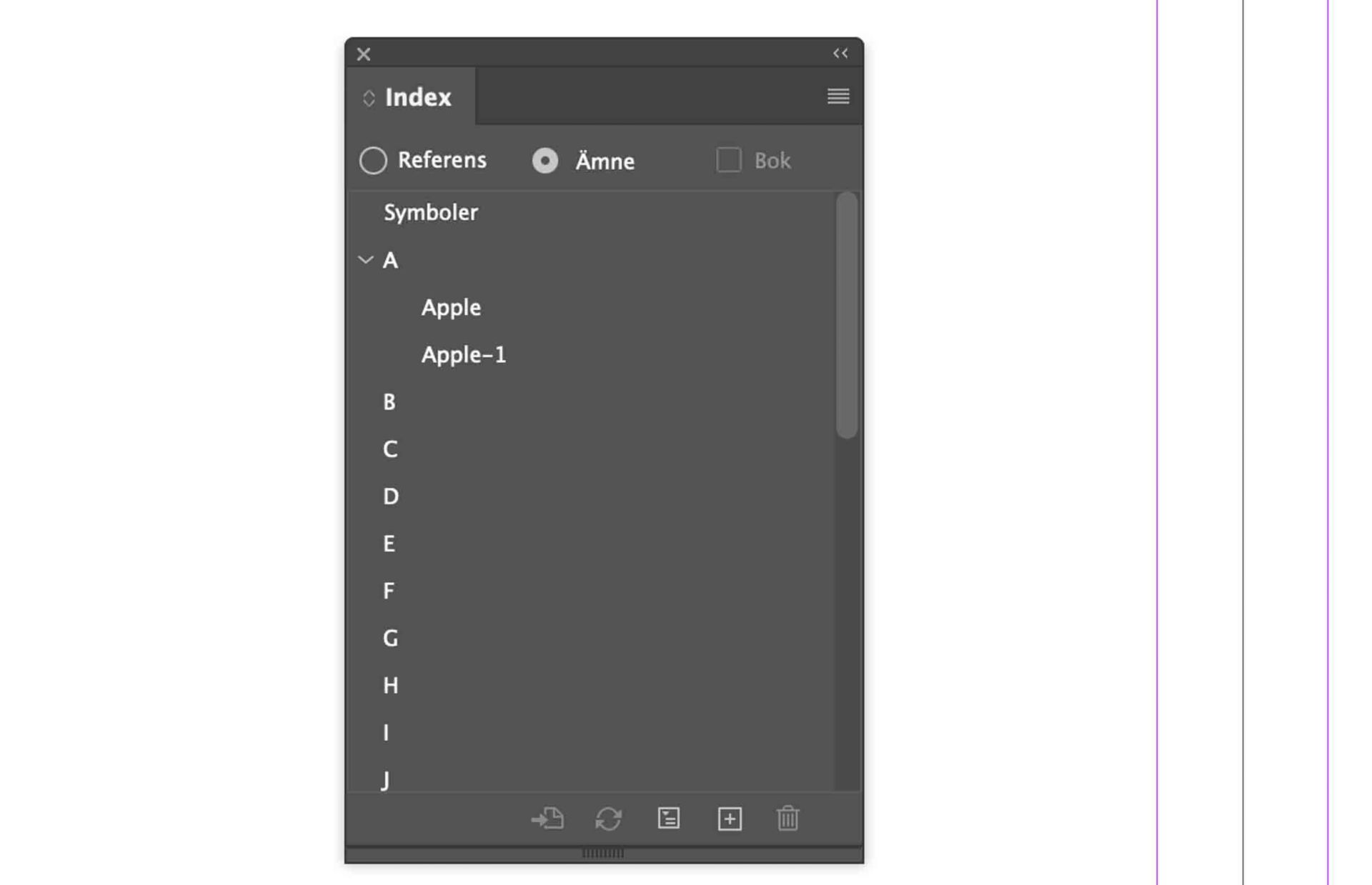 En dialogruta som visar ämnesläget i Indexpanelen