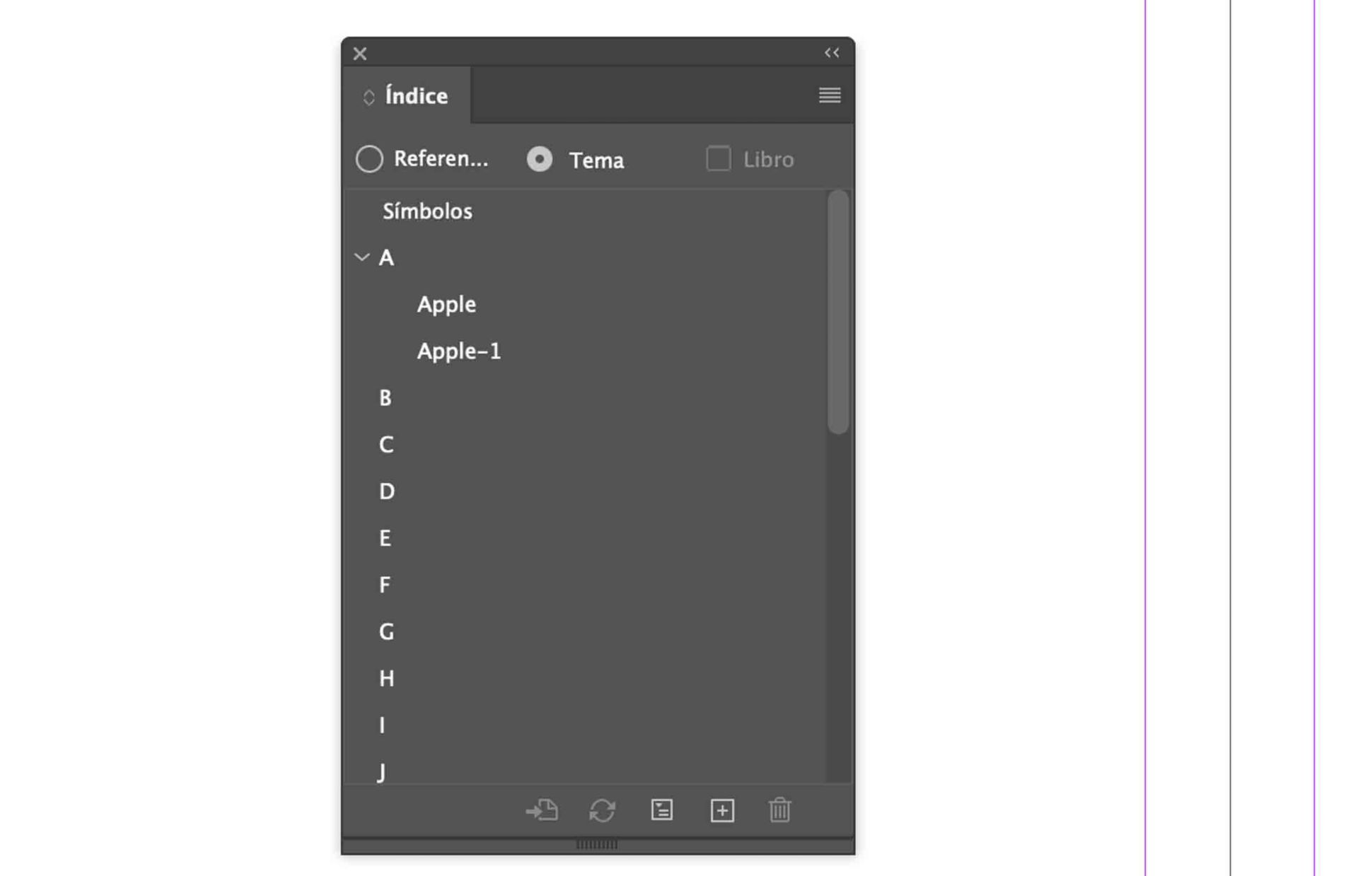 Un cuadro de diálogo que muestra el modo de tema en el panel Índice