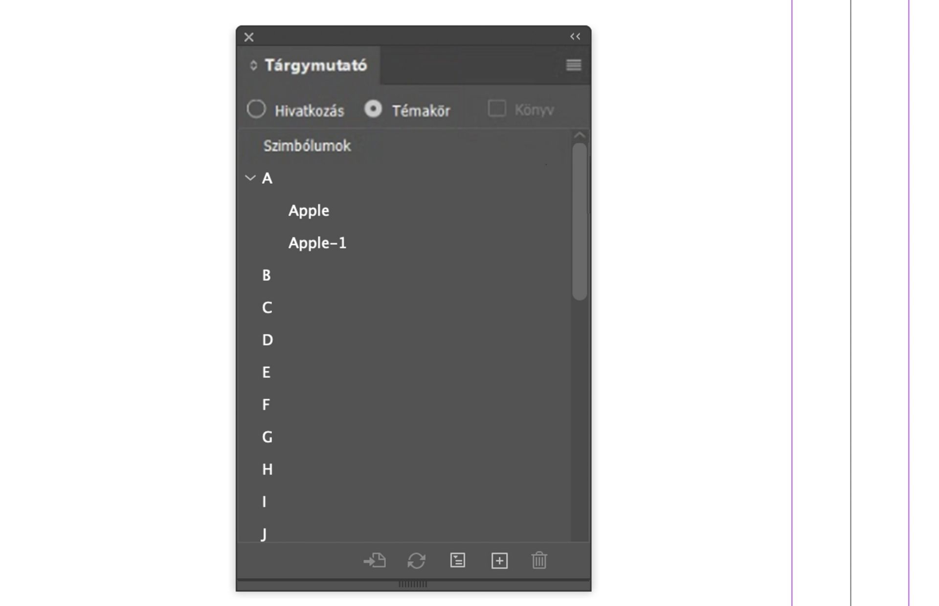 A Tárgymutató panel témakör módját megjelenítő párbeszédpanel