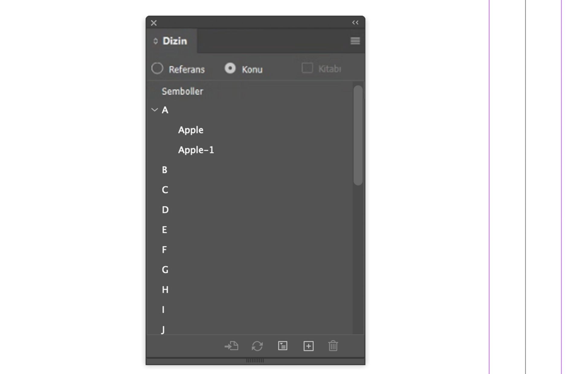 Dizin panelinde konu modunu gösteren bir iletişim kutusu